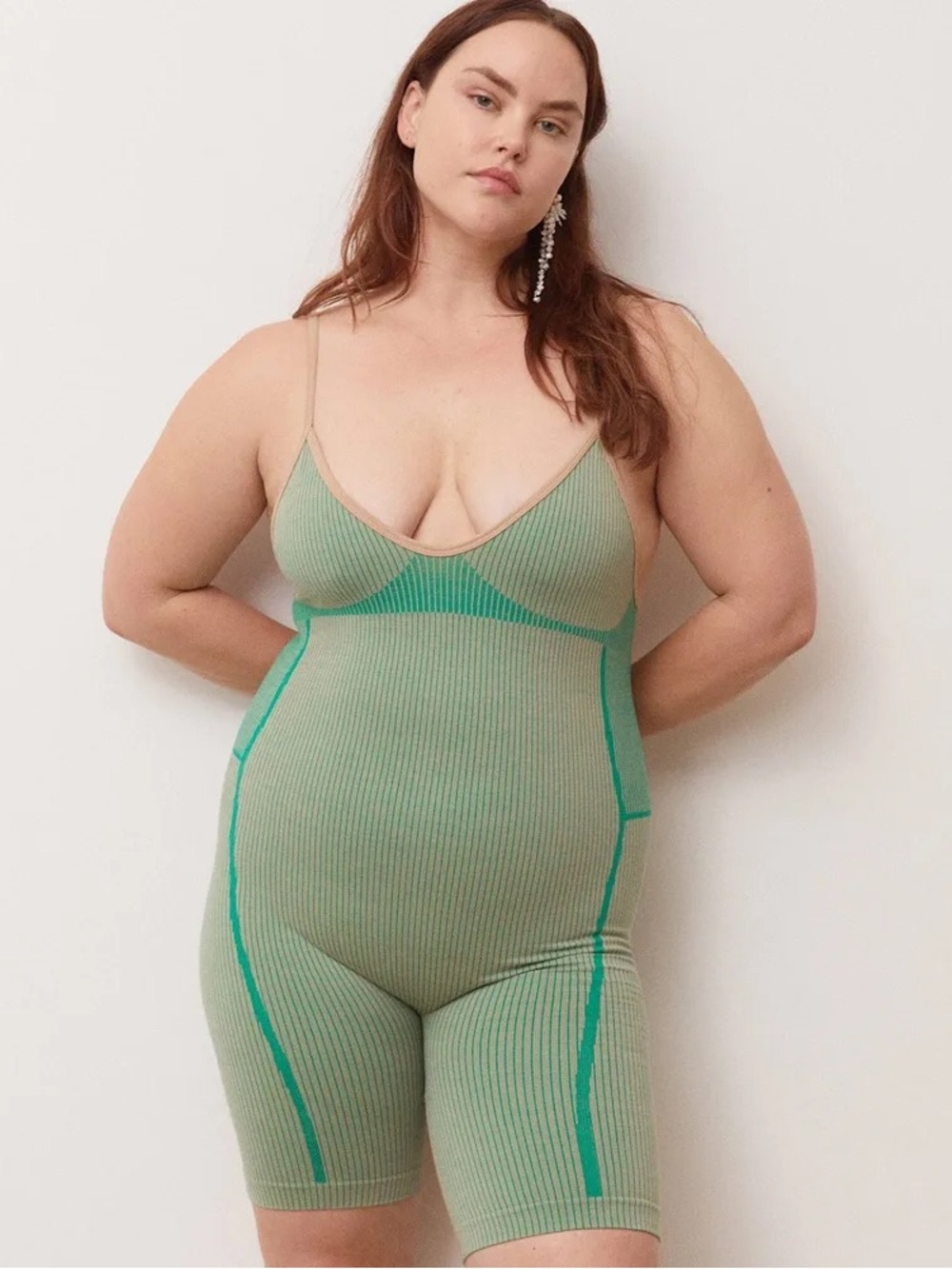 Nagnata Green Knit Contrast-Trim Shapewear Romper
